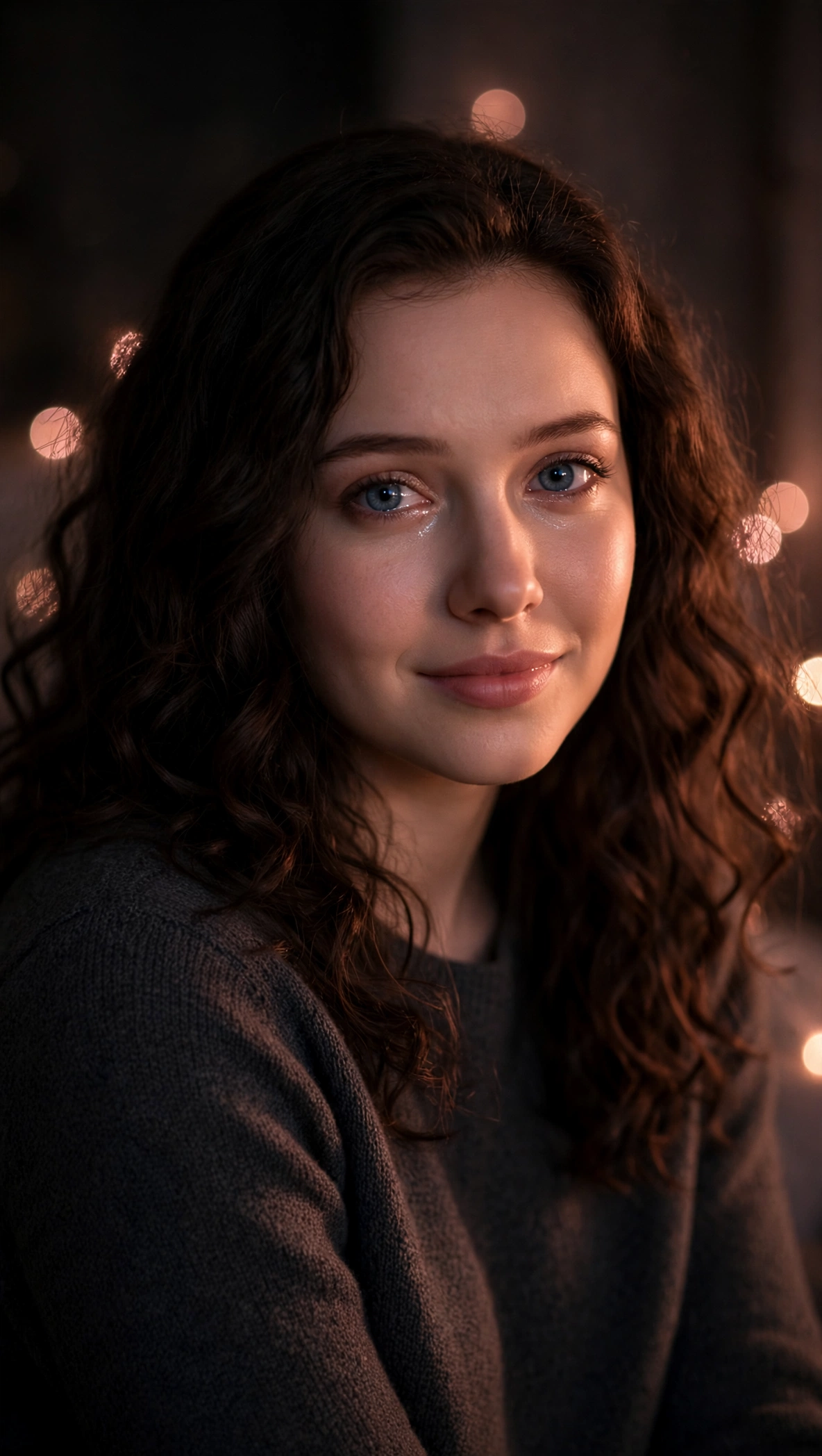 Mila, emotional, in warm rose-gold light