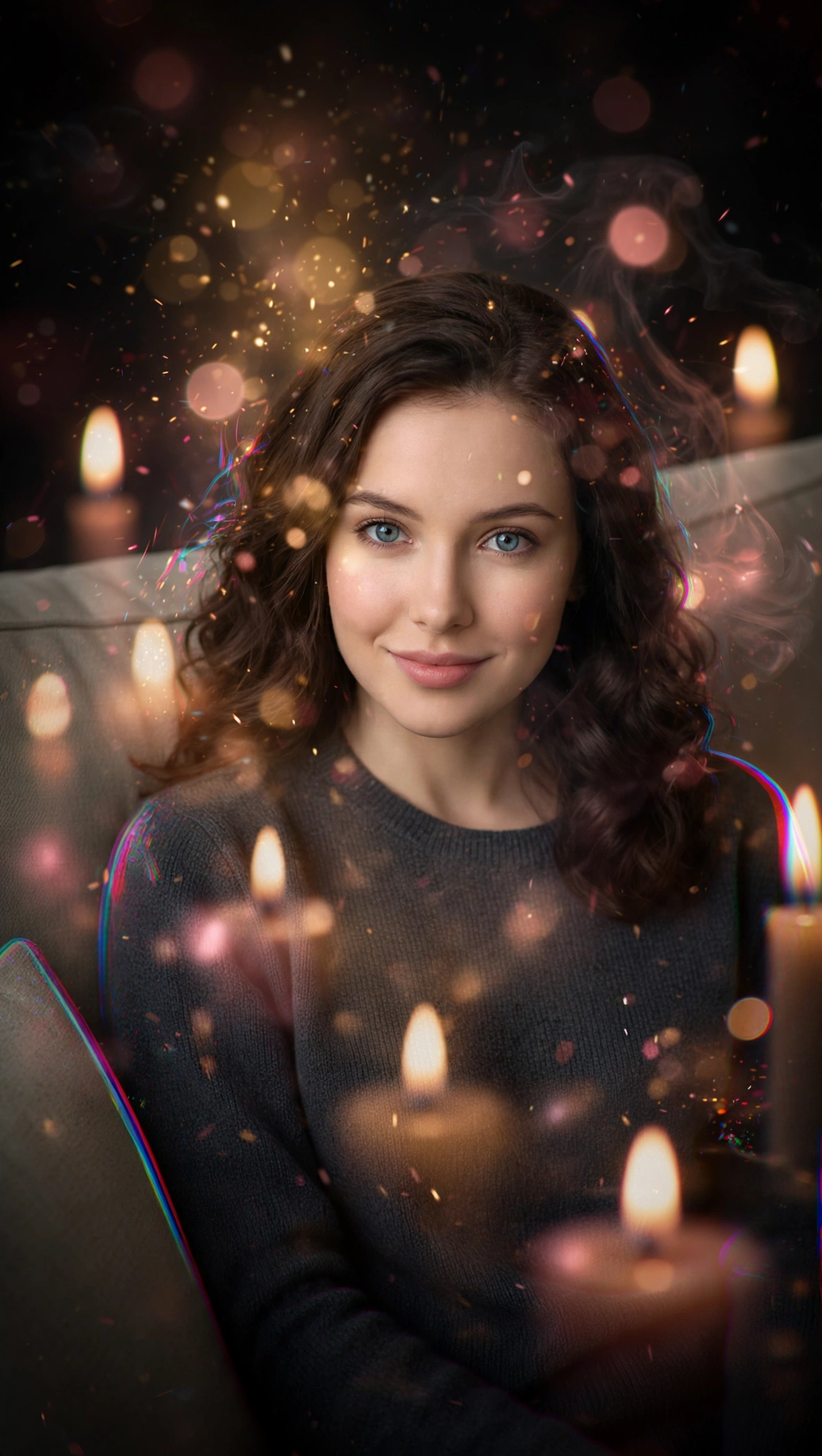 Mila surrounded by candlelight and golden memory fragments
